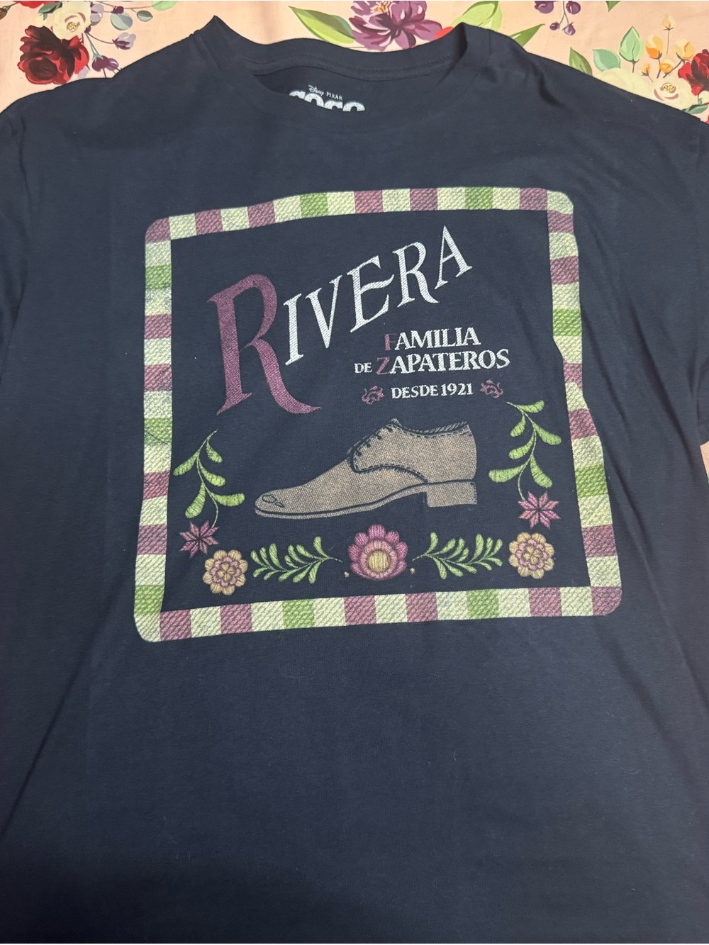 Disney Navy Short-Sleeve Tee with Multicolor Floral Shoe Graphic